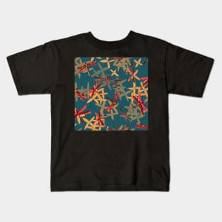 Thailand red dragonflies and ixora flowers on dark blue Kids T-Shirt